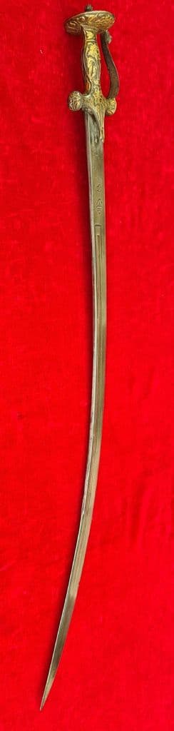 A fine 19th Century Indian sword Tulwar with Bronze inlay to the hilt unusual blade marking Ref 3264